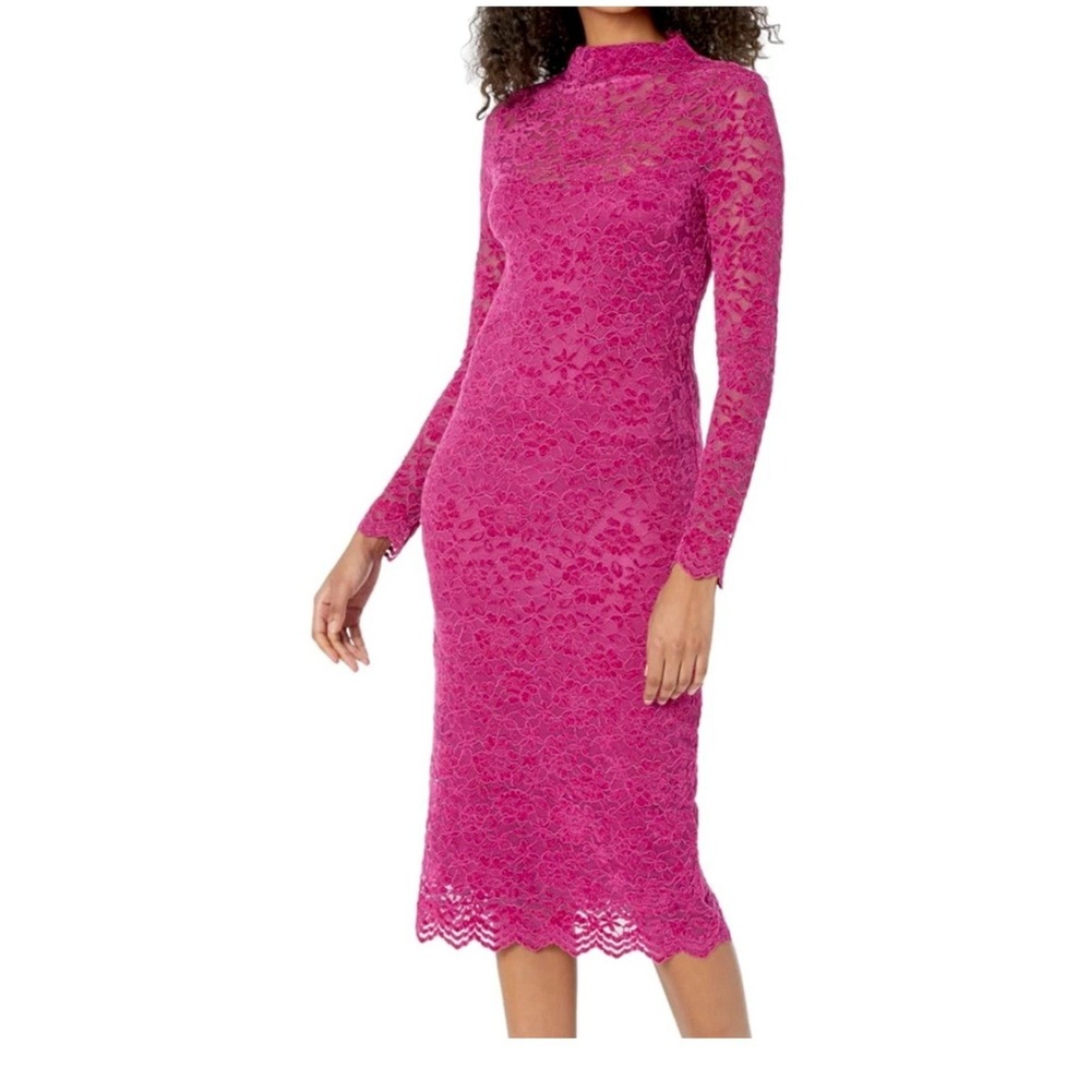 Steve Madden Vivienne Flocked Pink Lace Midi Dress Long Sleeve Valentine Wedding